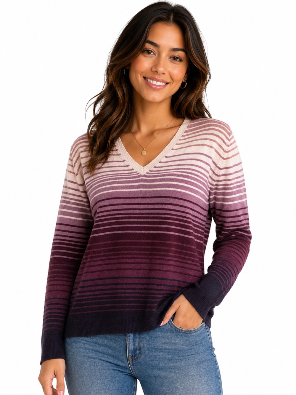 (B38) Vintage Liz & Co. Long-sleeve V-neck striped sweater, Size XL, NWT